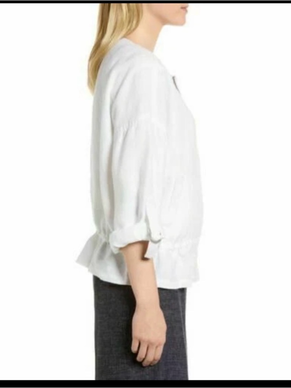 Eileen Fisher White Lightweight powder linen round neck drawstring jacket M